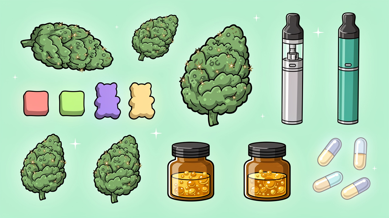 Colourful cartoon display of cannabis flower, edibles, and vapes