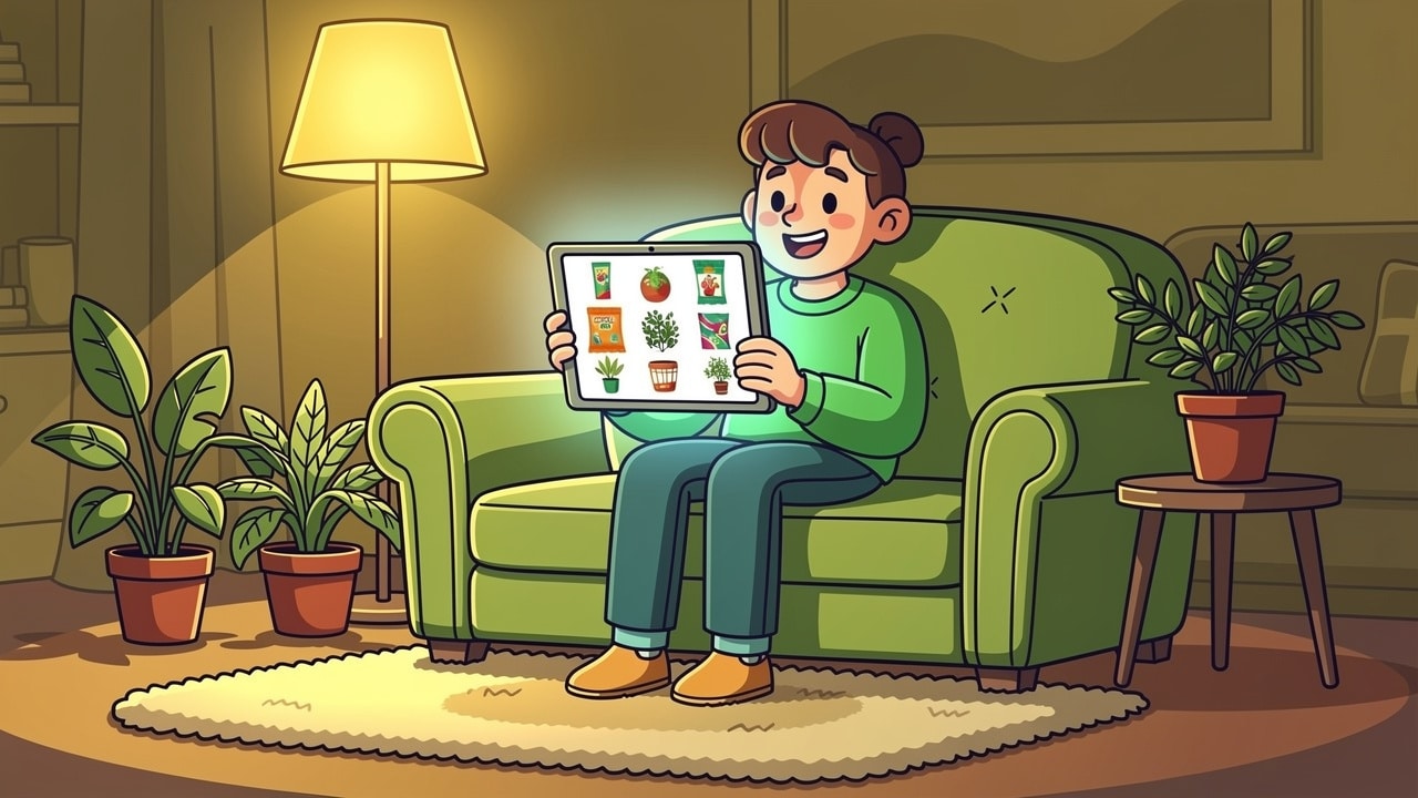 Cartoon customer browsing cannabis delivery menu at home