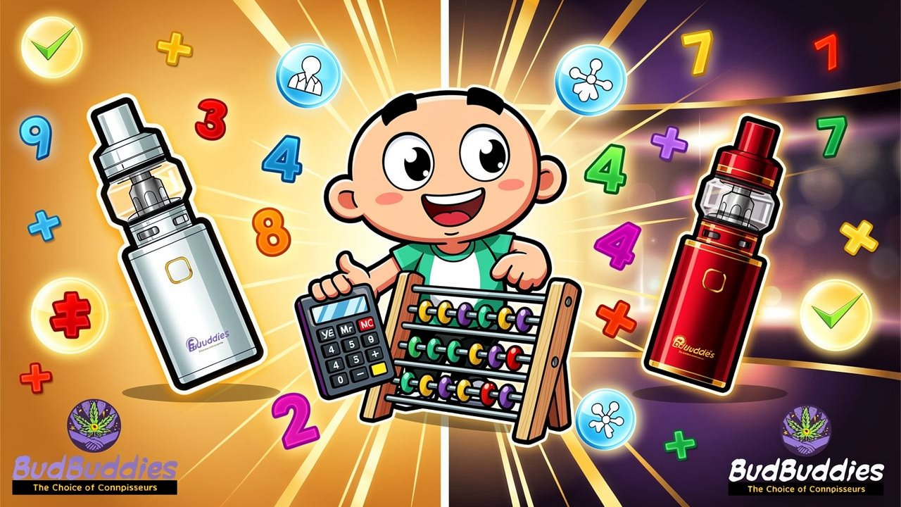 Cartoon character calculating vape value using cost-per-milligram comparison