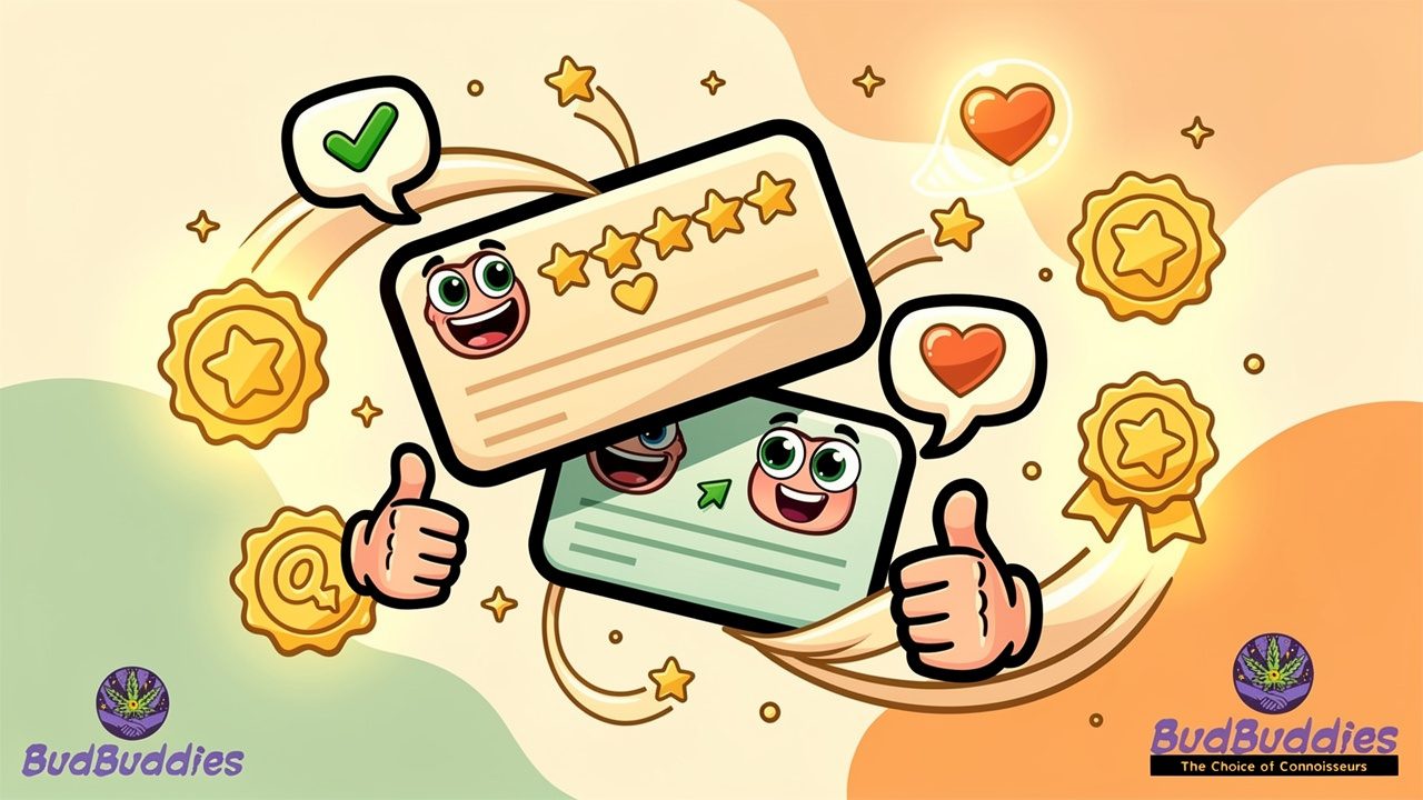 Cartoon characters sharing positive reviews and loyalty programme badges