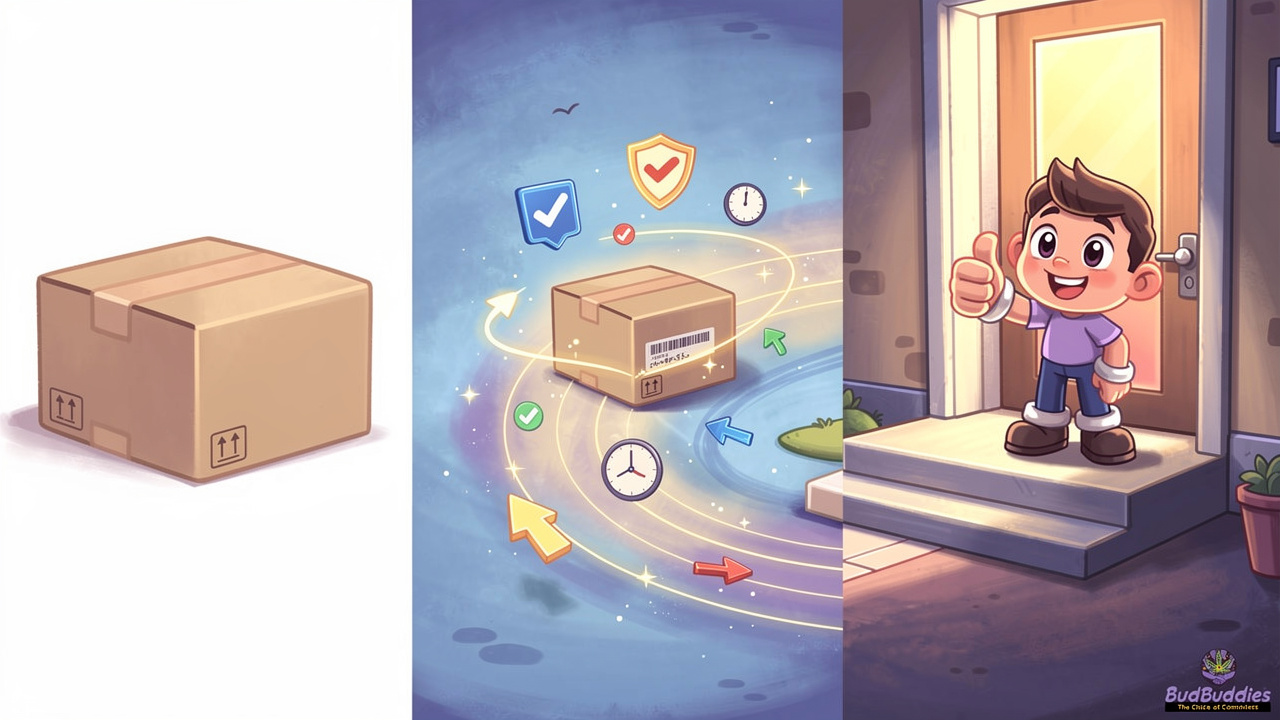 Cartoon illustration of a discrete, speedy package delivery journey