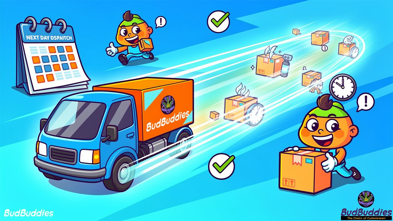 Animated illustration of fast delivery with tracking and reliability symbols