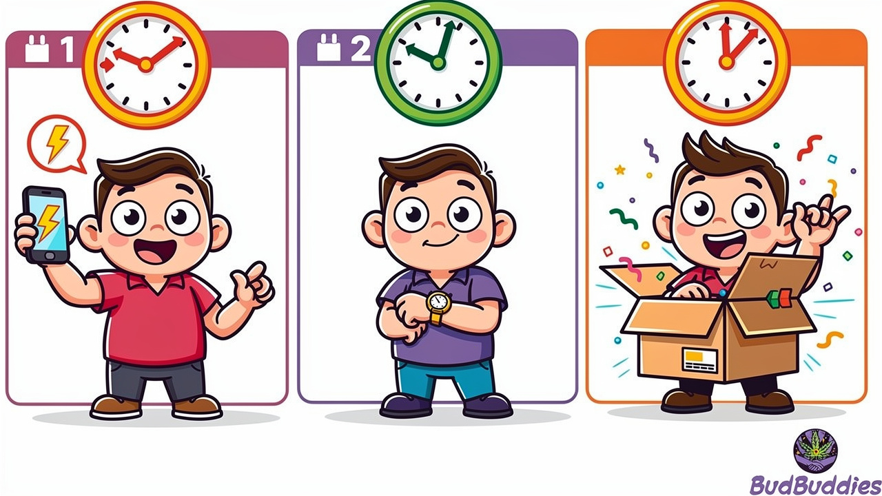 Three cartoon characters showing same-day, next-day, and standard delivery stages