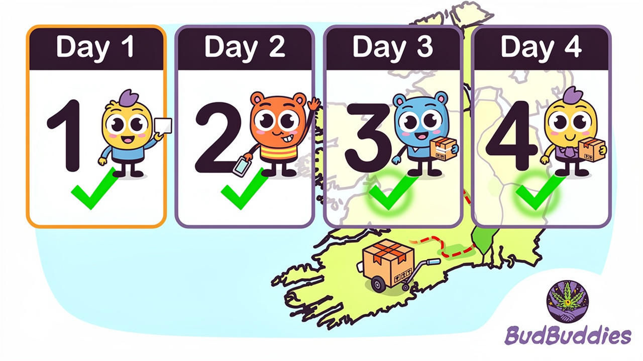 Animated timeline showing one to four business days delivery