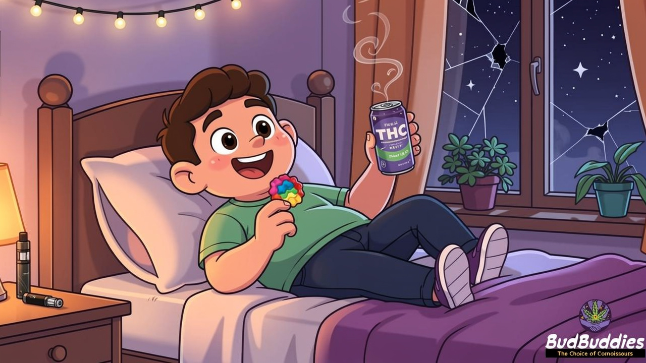 Cartoon student using discreet cannabis formats in dorm room