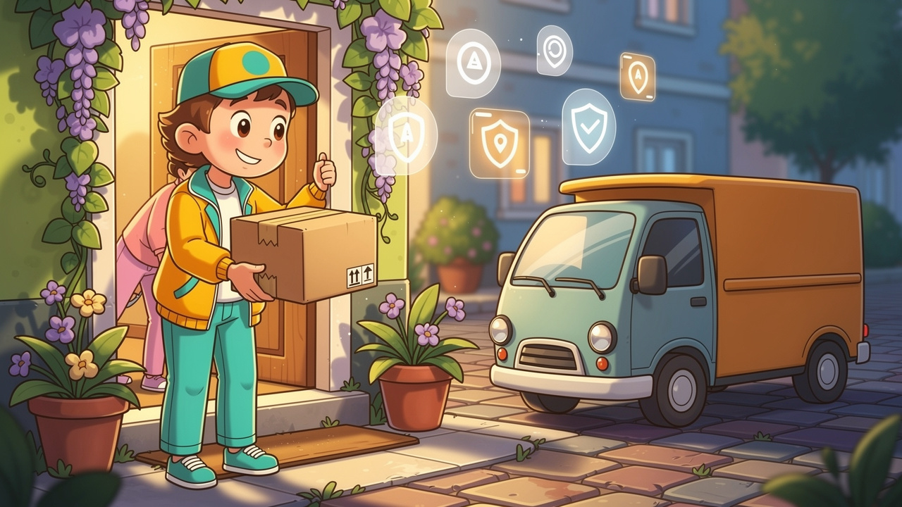 Cartoon courier delivering discreet parcel to Armagh doorstep