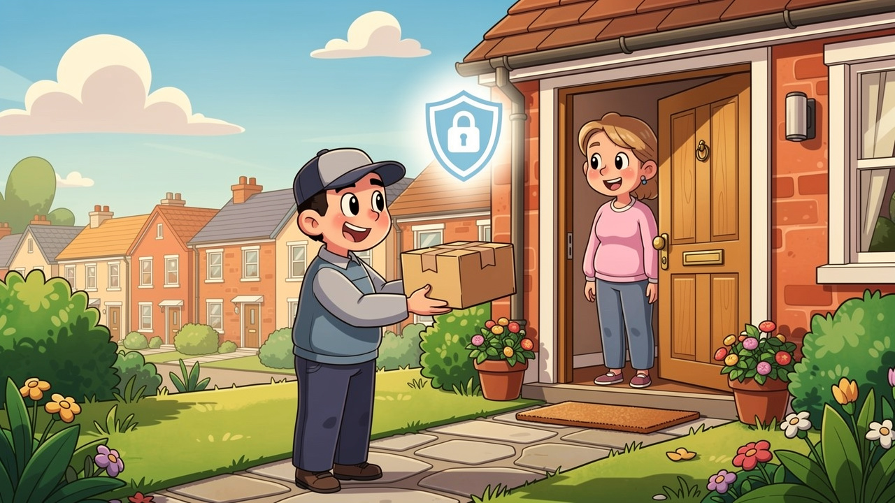 Discreet plain parcel cannabis delivery at doorstep cartoon