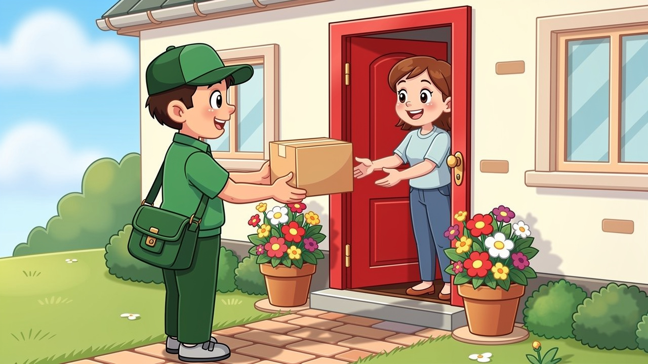 Friendly cartoon delivery person handing plain parcel at front door