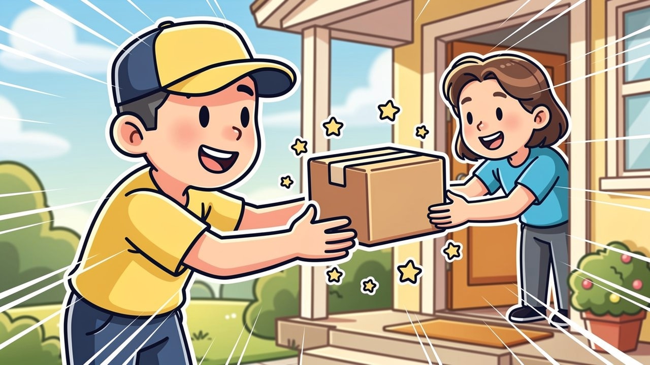 Cartoon courier delivering discreet plain parcel to happy customer