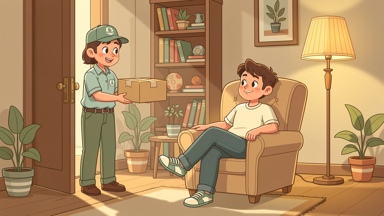 Cartoon courier delivering discreet plain parcel to happy customer