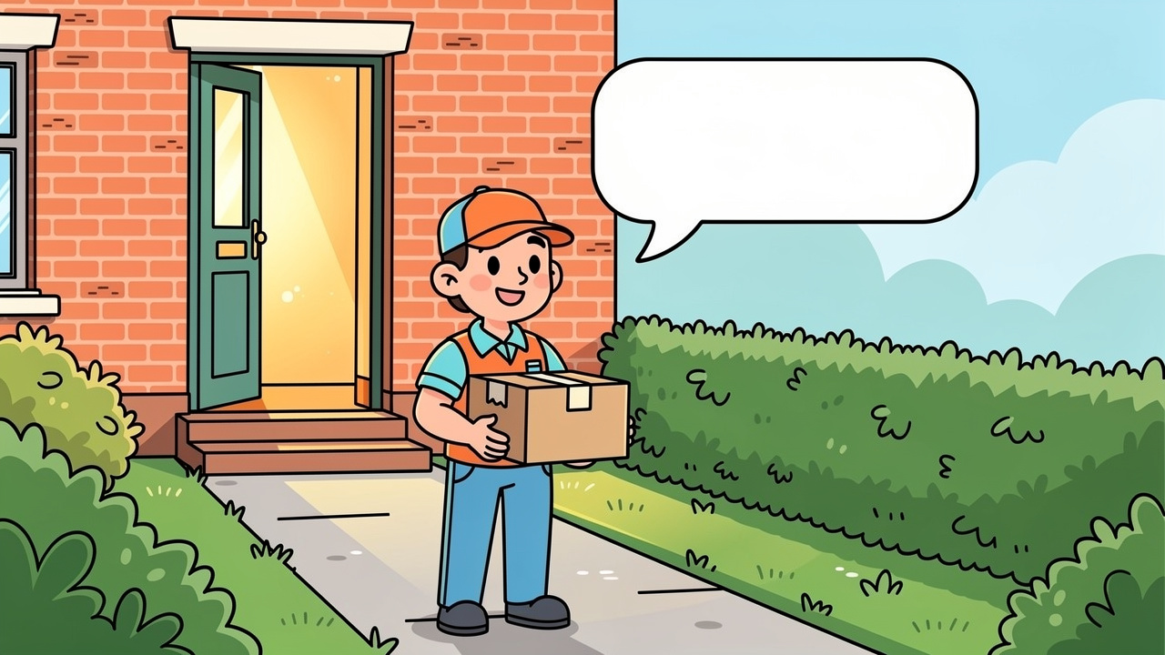 Cartoon delivery character handing parcel at front door