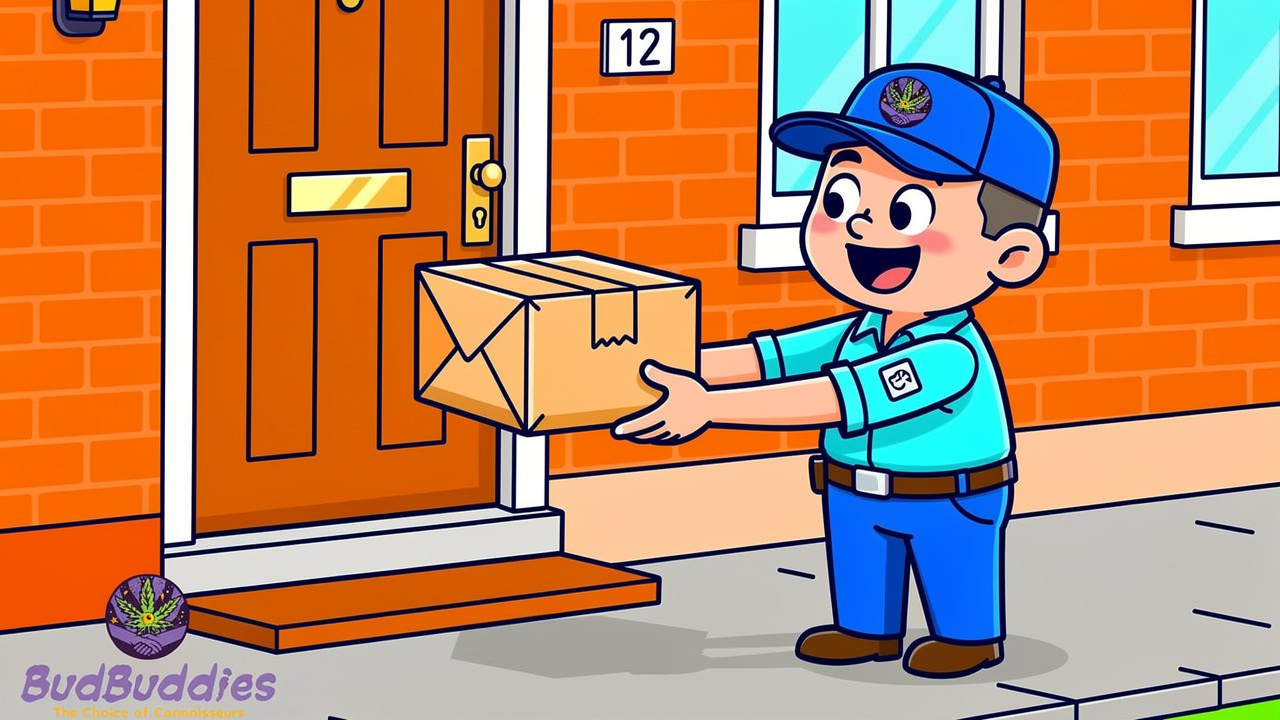 Cartoon character receiving discreet cannabis delivery at flat door