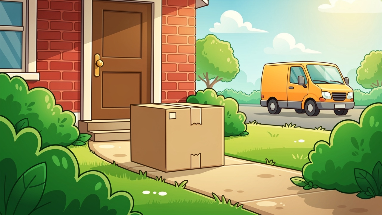 Cartoon plain parcel delivered discreetly to a Holywood doorstep