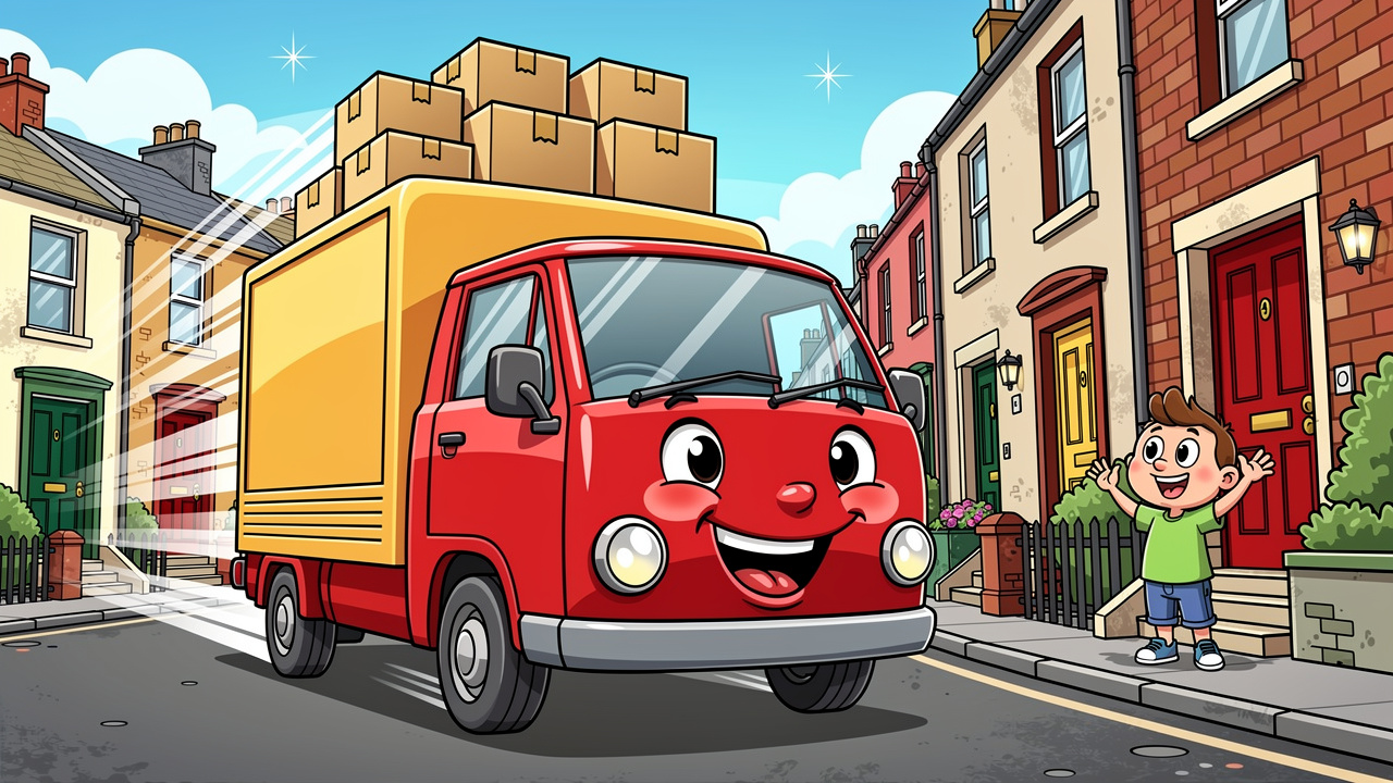 Friendly cartoon delivery van arriving at Lurgan home discreetly