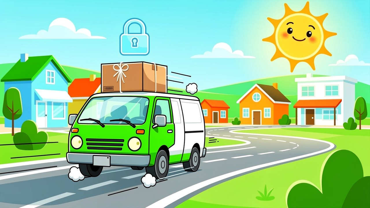 Cartoon delivery van speeding with discreet cannabis parcel