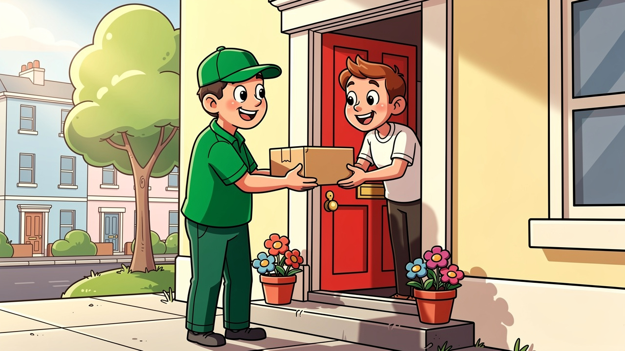 Cartoon delivery person handing discreet parcel at Lurgan doorstep