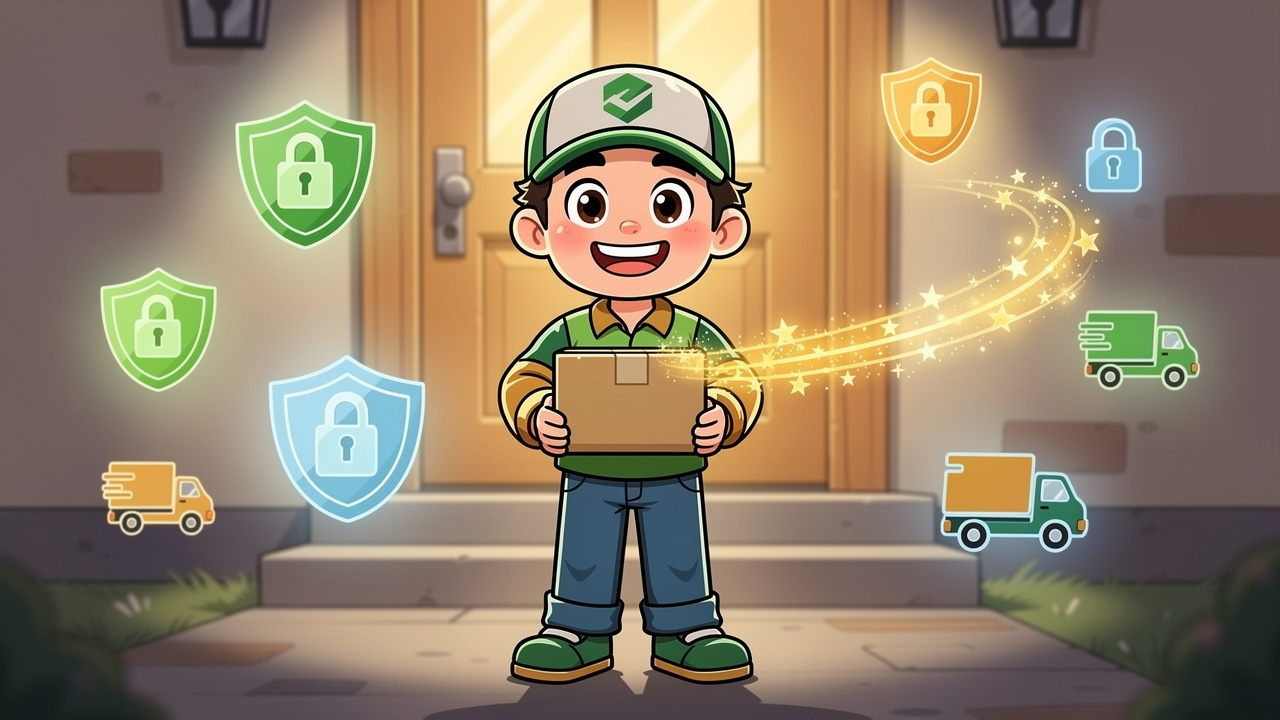 Cartoon character receiving discreet cannabis delivery parcel at home