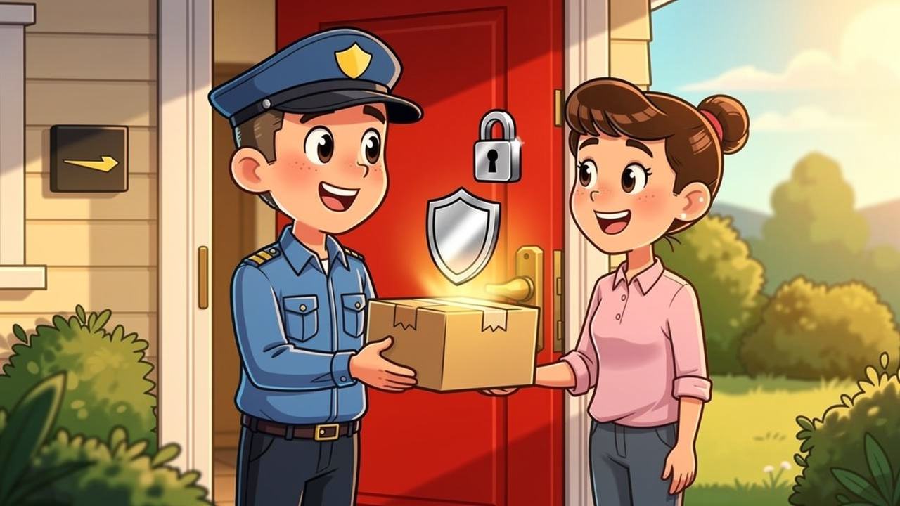 Cartoon of discreet plain parcel delivery at a front door