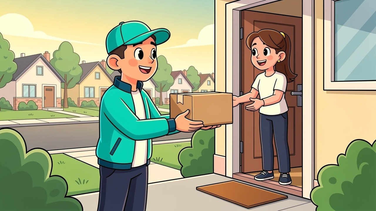 Cartoon delivery character handing over plain discreet parcel
