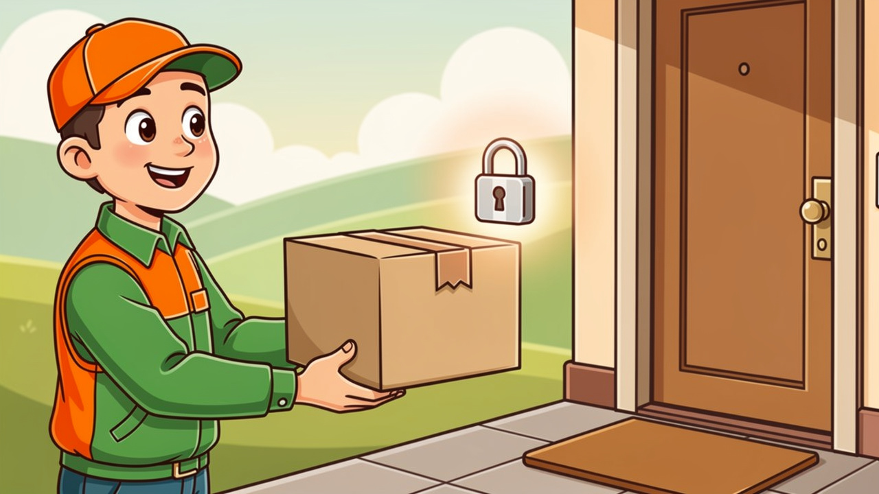 Cartoon courier handing over plain unbranded delivery parcel