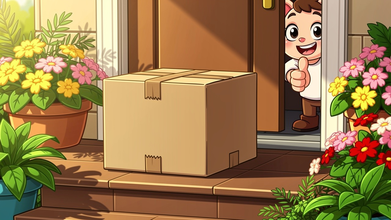 Cartoon plain unbranded parcel arriving discreetly at front door
