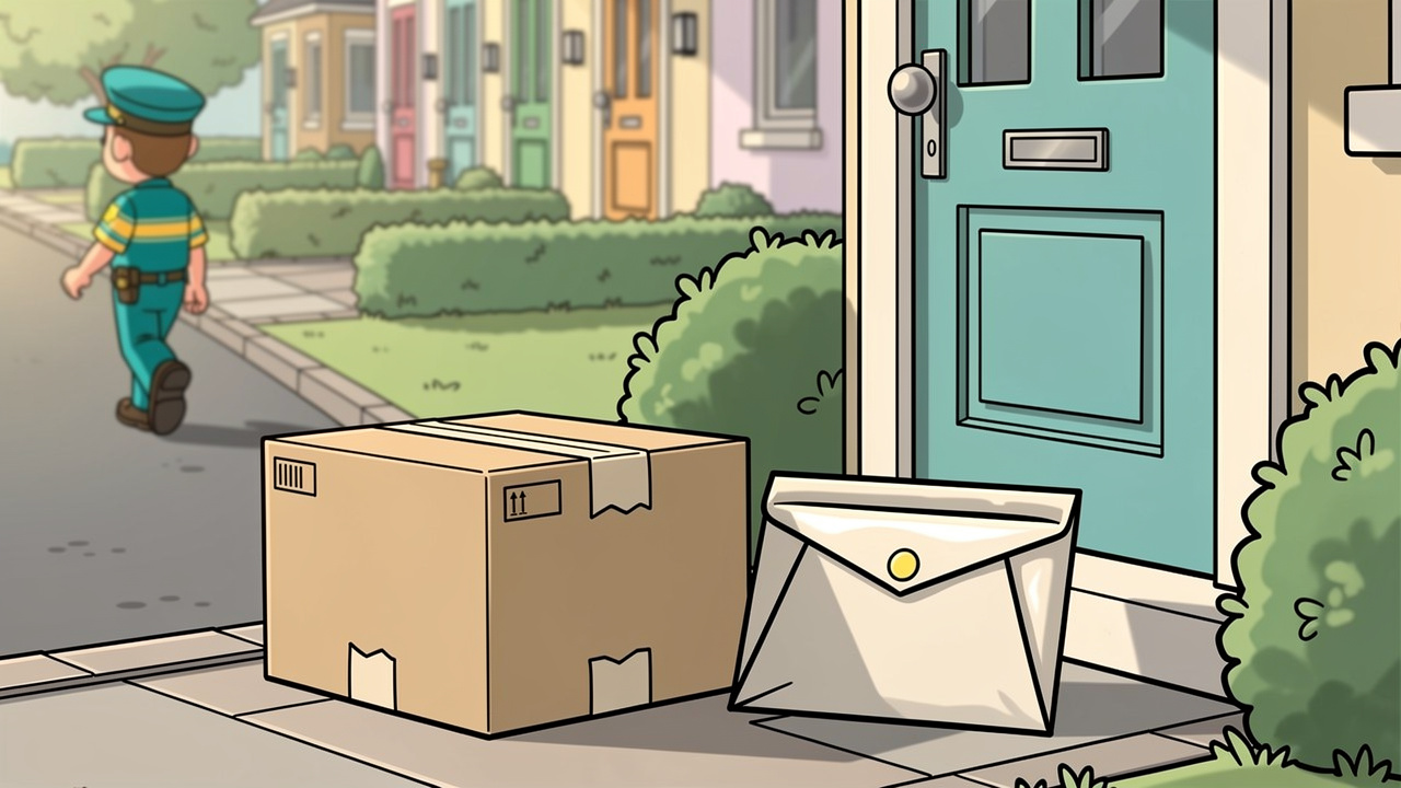 Cartoon plain parcel on doorstep discreet cannabis delivery