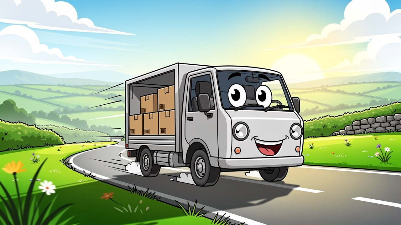 Cartoon delivery van carrying plain parcels through green countryside