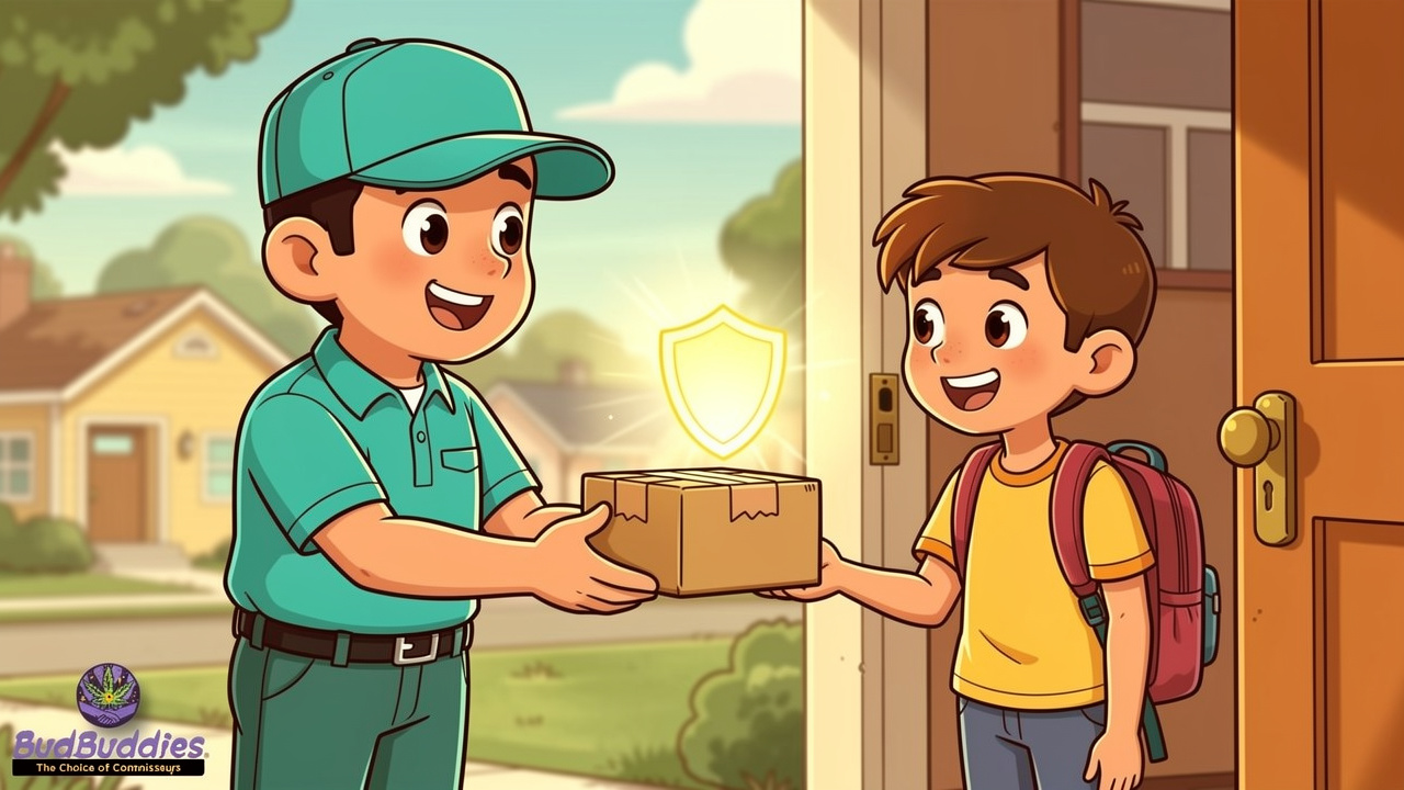 Cartoon of discreet cannabis delivery arriving for a student