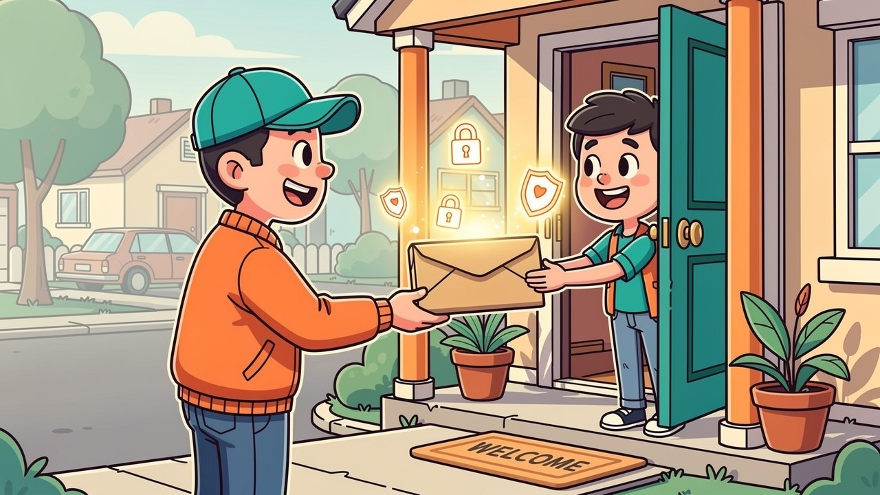 Cartoon friendly courier delivering discreet plain parcel to home in Newtownabbey