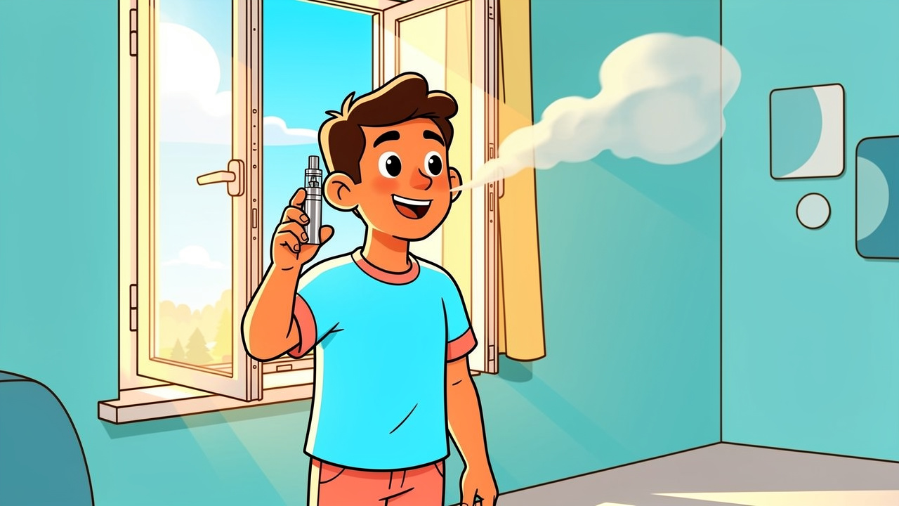 Cartoon character vaping discreetly near an open window