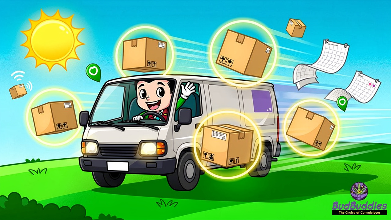 Cartoon delivery van with protective packaging symbols