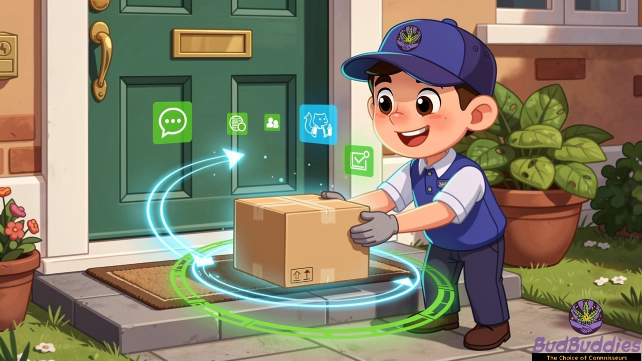 Friendly delivery worker with plain package arriving at doorstep