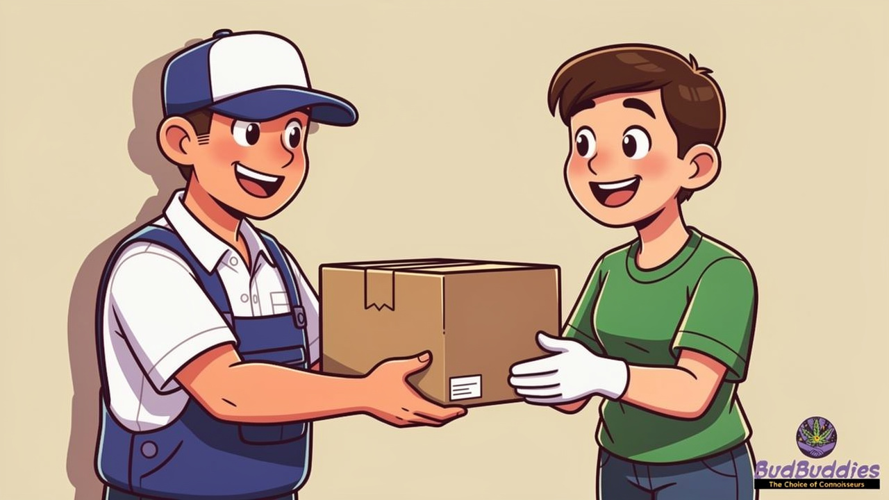 Friendly character receiving plain, unmarked delivery parcel