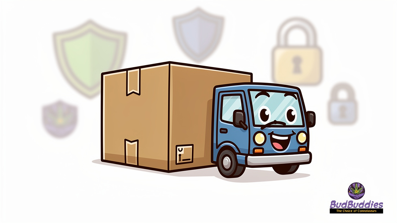 Cartoon package with delivery symbols and privacy protection icons