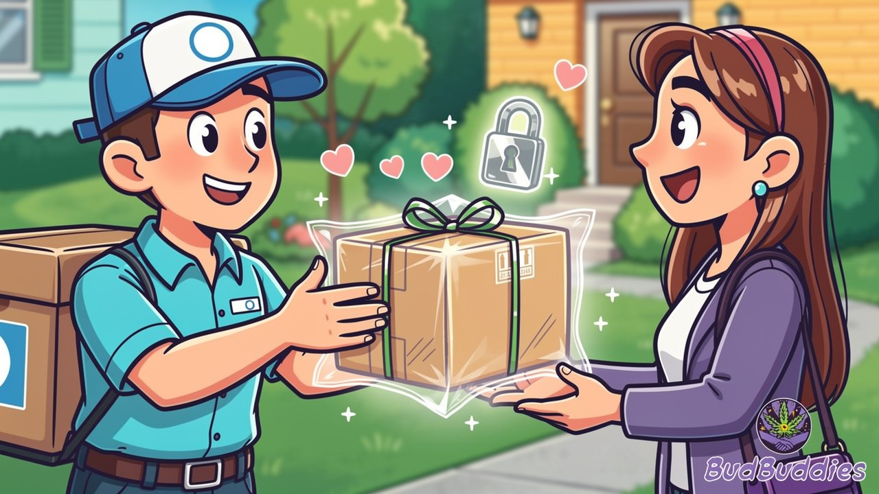 Cartoon illustration of discreet delivery package being handed over safely