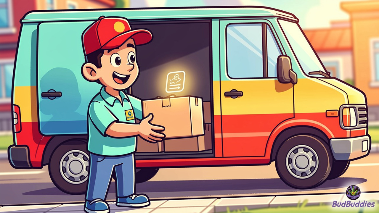 Cartoon delivery worker with unmarked package and tracking symbol