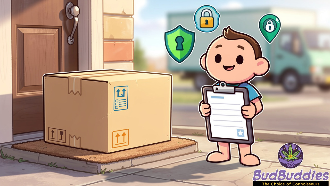 Cartoon illustration of discreet package delivery with privacy elements