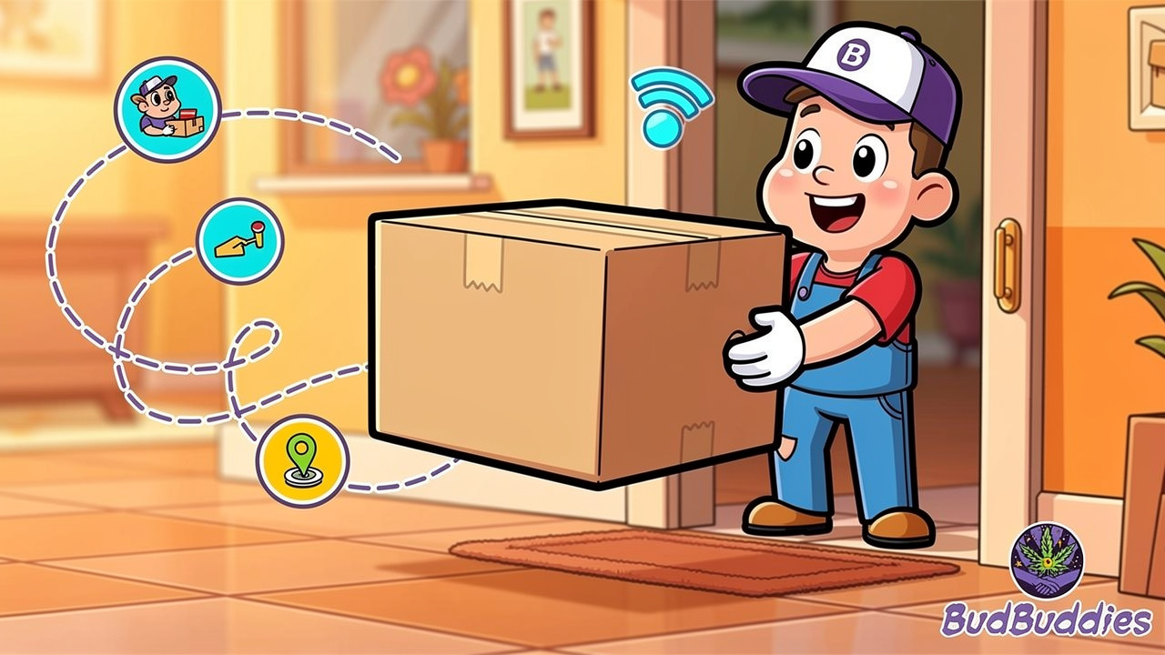 Cartoon illustration of discreet package delivery to home