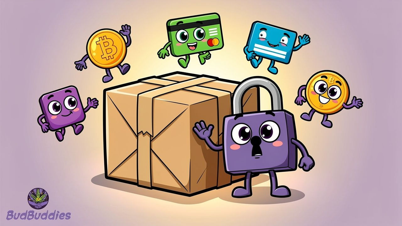 Cartoon illustration of secure packaging and privacy-focused payment methods