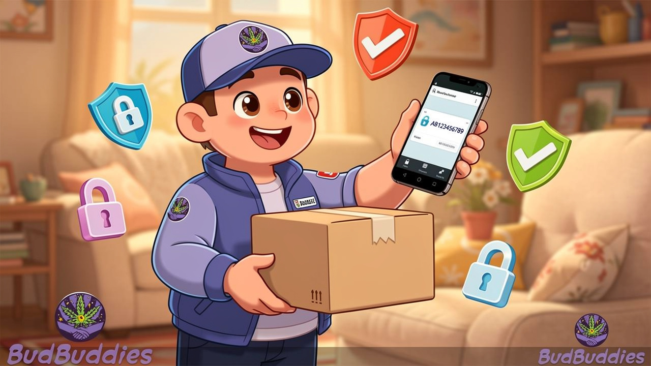 Cartoon delivery scene showing secure, discreet cannabis packaging service