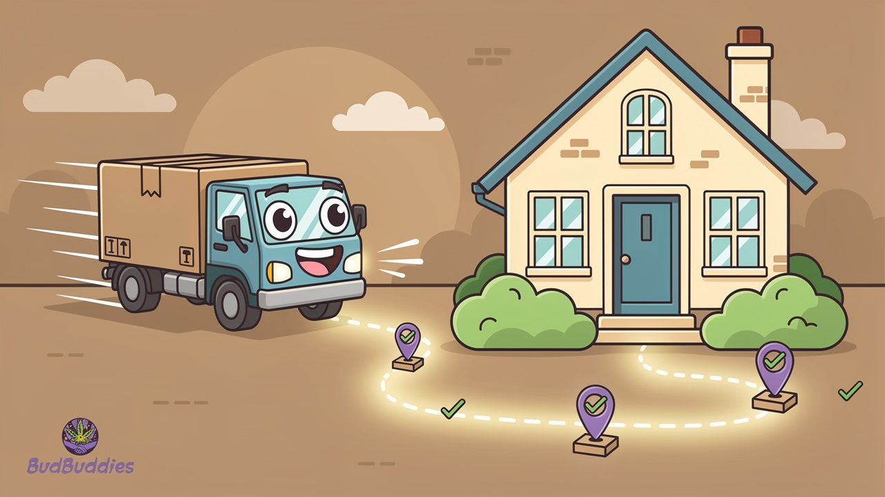 Cartoon delivery truck bringing unmarked box to UK home safely