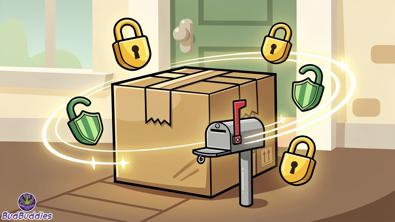 Cartoon parcel with security symbols and tracking visualization