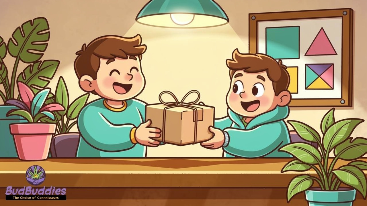 Cartoon student collecting a plain discreet parcel at dorm reception