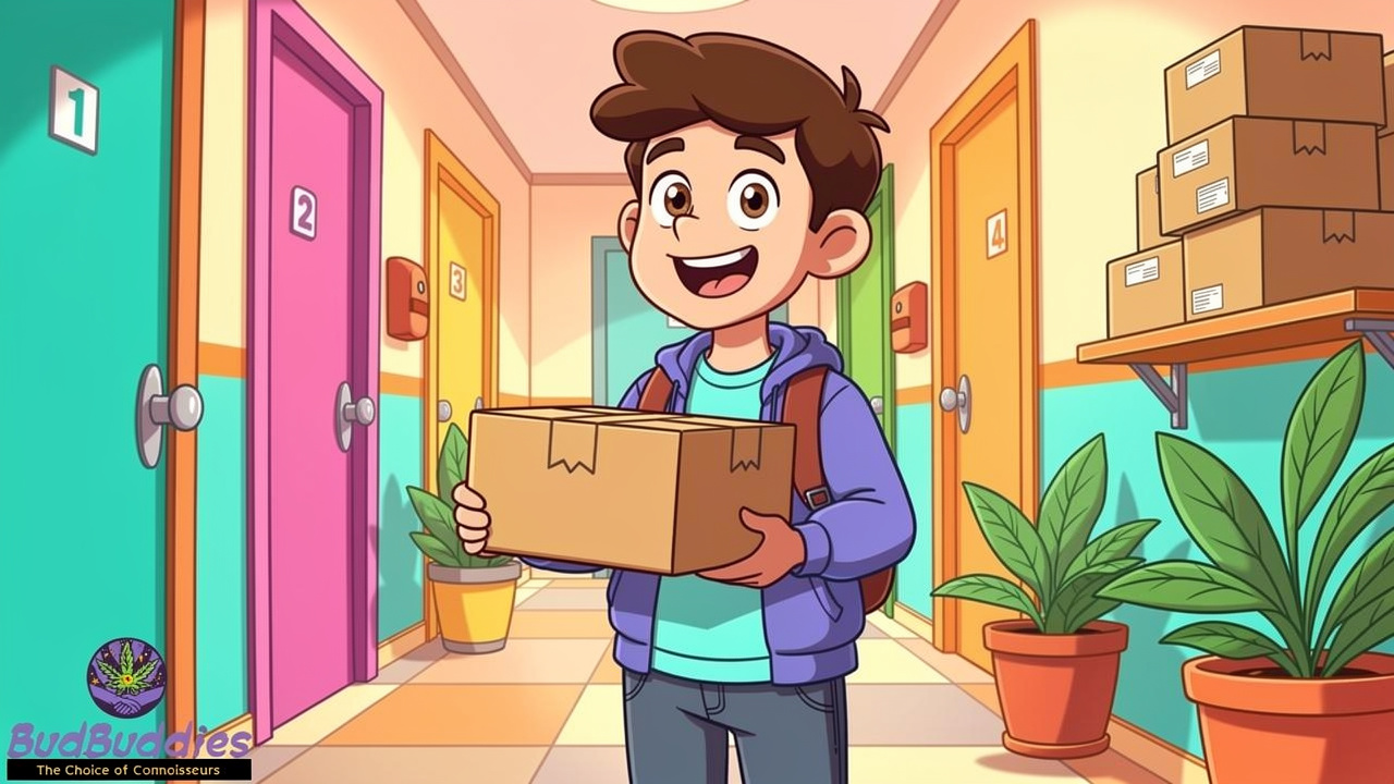 Student collecting plain parcel in shared accommodation mailroom