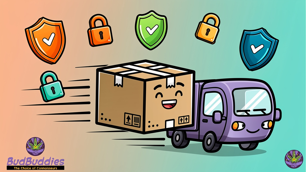 Friendly cartoon package and delivery truck symbolising discrete shipping