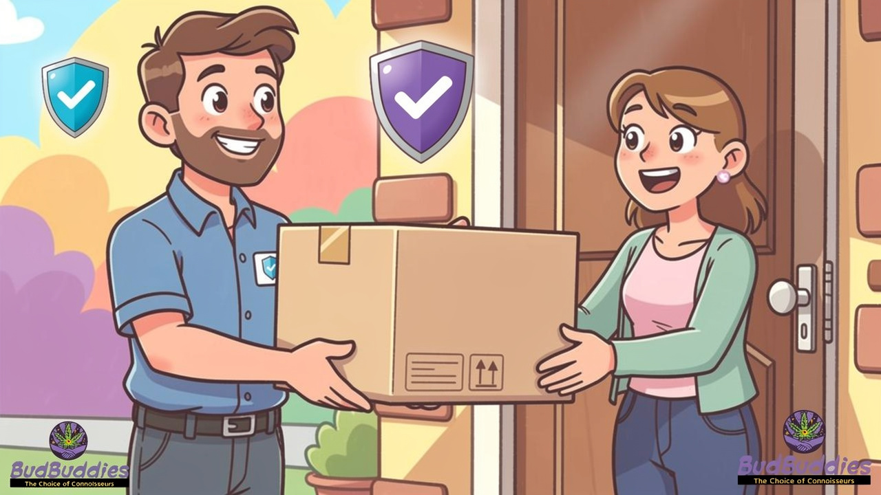 Cartoon showing discreet package delivery with tracking
