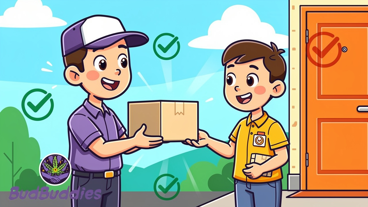 Cartoon illustration of discreet edible delivery to UK customer