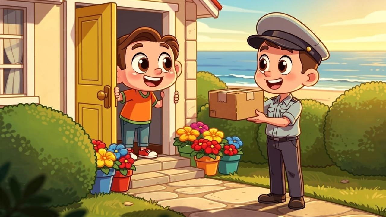 Friendly cartoon character receiving a discreet parcel at the door