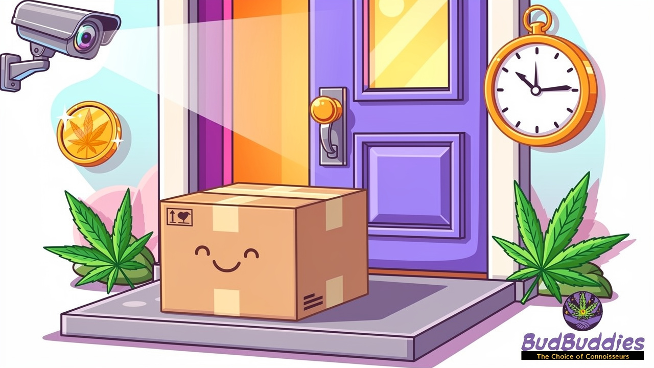 Cartoon illustration of plain delivery box arriving at home