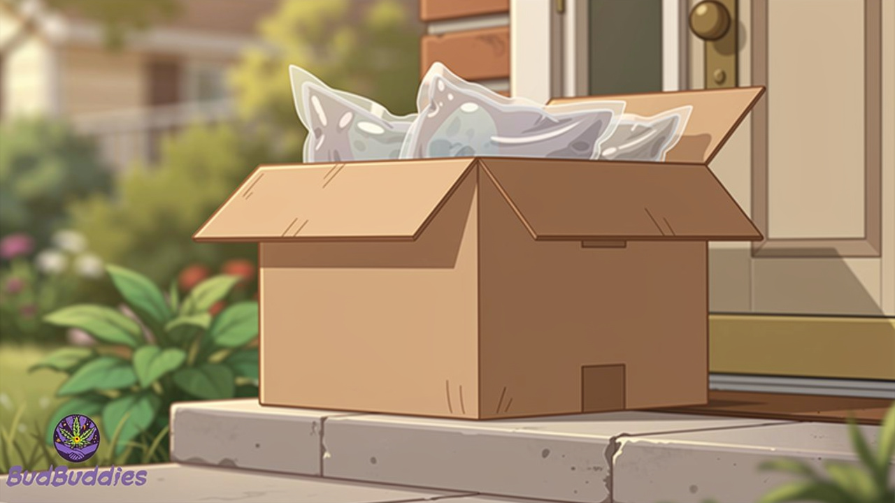 Cartoon depiction of discreet packaging arriving at residential doorstep
